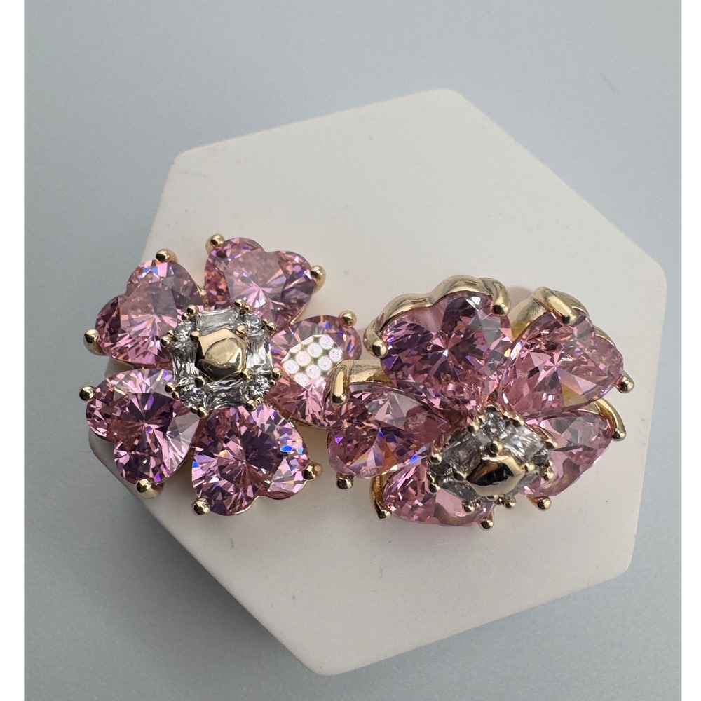 Pink Heart Petal Flower Stud Earrings 14K Gold Plated Cubic Zirconia Blossom‎
